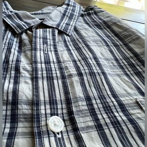 MEN’S VINCE LONG SLEEVE OFF WHITE/BLUE PLAID SHIRT in XL